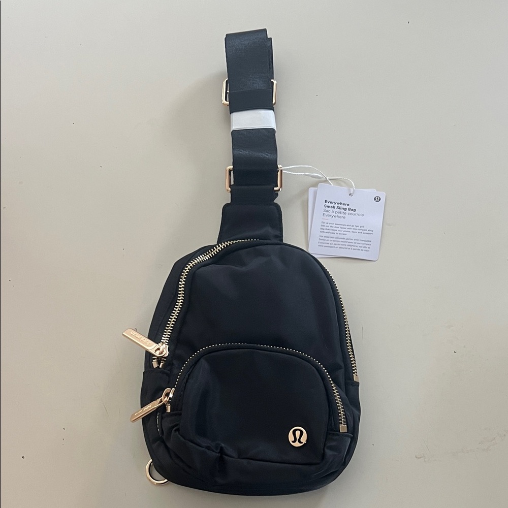 BNWT Lululemon Black Everywhere Small Sling Bag Gold Accents